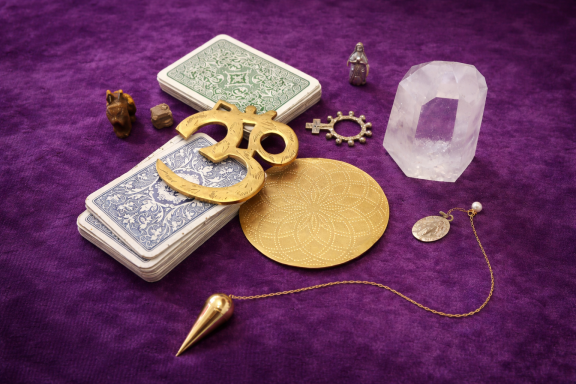 Karten, Goldmedaille, Pendel und verschiedene kleine Objekte auf lila Untergrund.