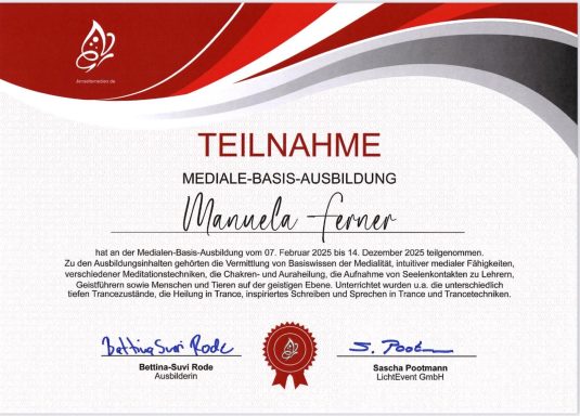 Teilnahmebescheinigung Ausbildung zum Medium mit rotem Siegel und dekorativem Hintergrund.