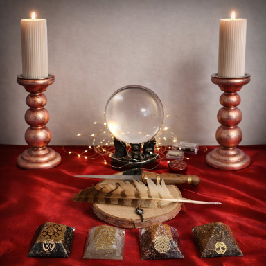 Kristallkugel, Kerzen, Feder, auf rotem Tuch, mystische Stimmung.