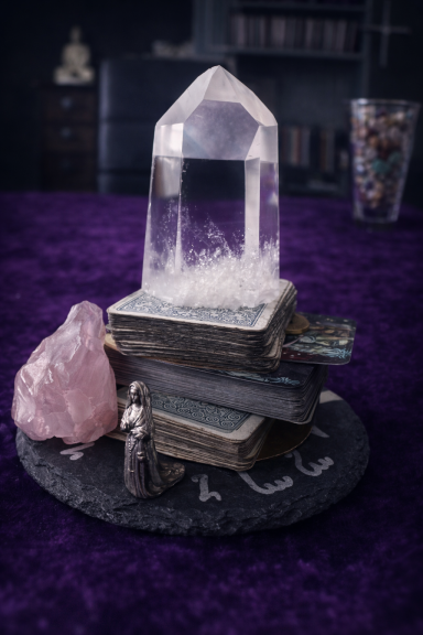 Ein klarer Kristall auf Büchern, umgeben von einem rosa Kristall und einer Figur.