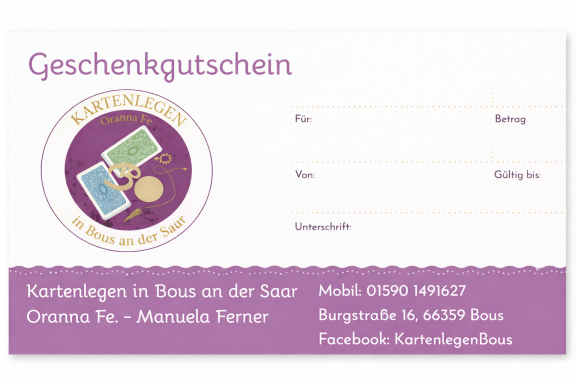 Geschenkgutschein für eine Veranstaltung, mit Platz für Name und Betrag.